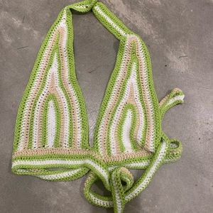 Crochet knitted green striped halter / crossover / criss cross halter top